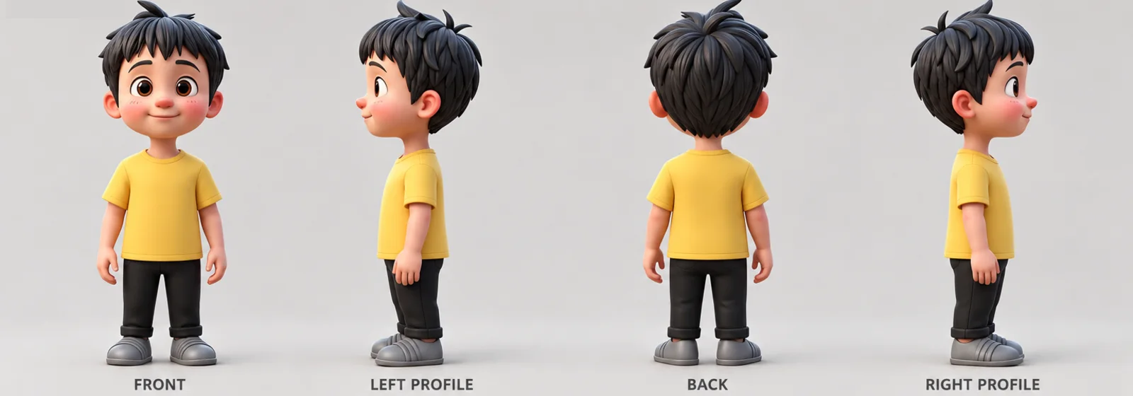 Leo, the lead character of Clever Little Rat, seen from the front, left, back and right.