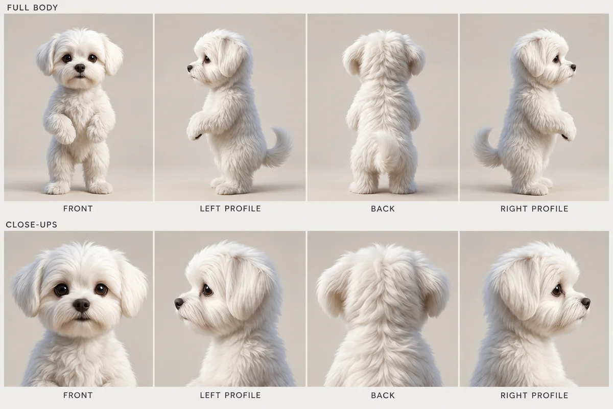 Character sheet for Mio: a small white dog seen from the front, both sides and the back, with four matching close-ups.